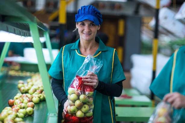 portrait-of-smiling-woman-holding-apples-in-plasti-2024-09-22-23-16-16-utc
