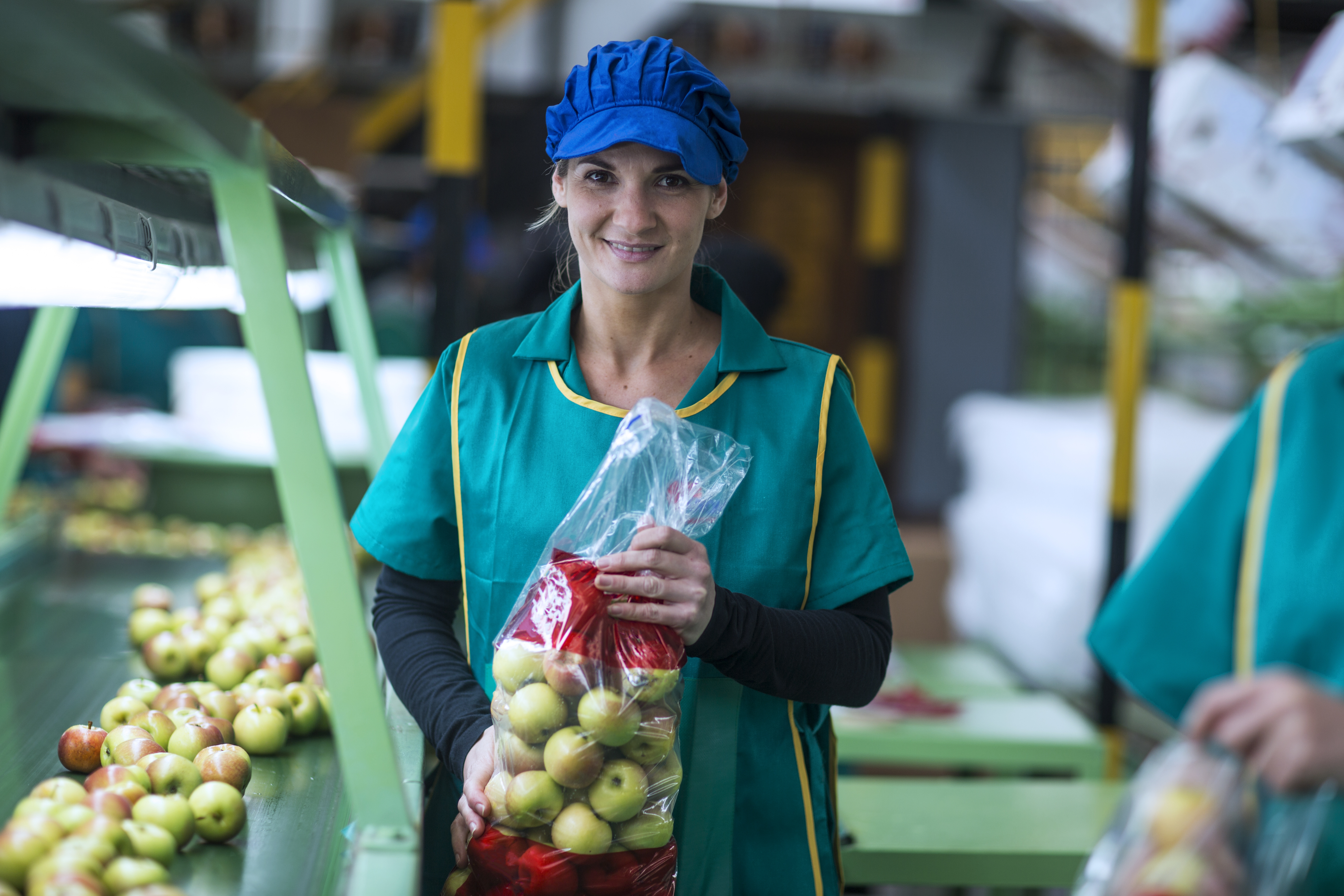 portrait-of-smiling-woman-holding-apples-in-plasti-2024-09-22-23-16-16-utc
